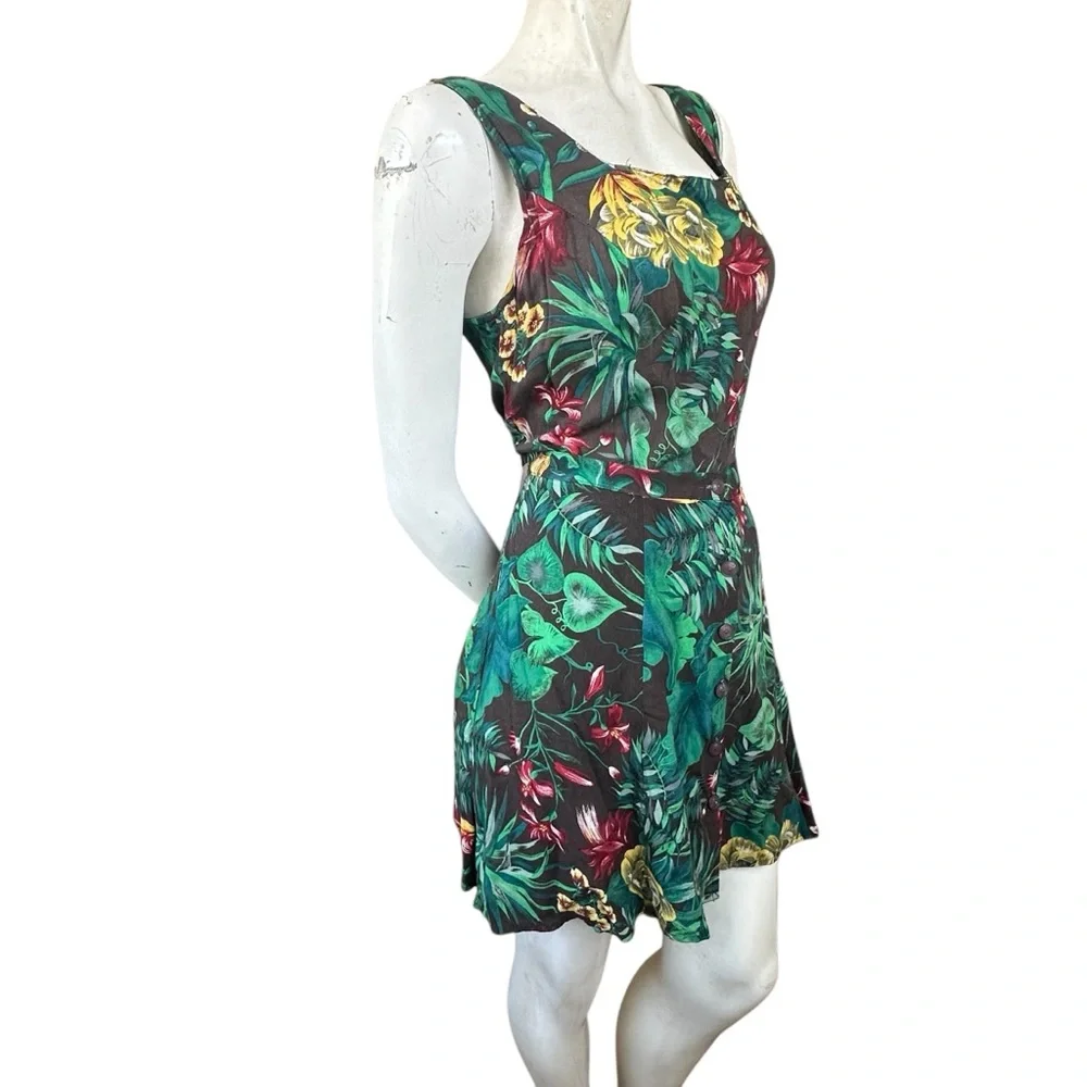 Vintage 90s Tropical Palm Leaf Print Romper Button Down Skirt Front Detail 13/14 - Picture 5 of 13